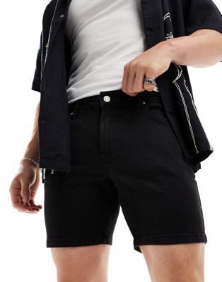 skinny mid length denim shorts in washed black