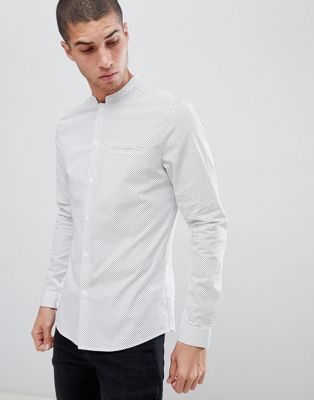 ASOS DESIGN - Skinny net overhemd met stippen en opstaande kraag in wit