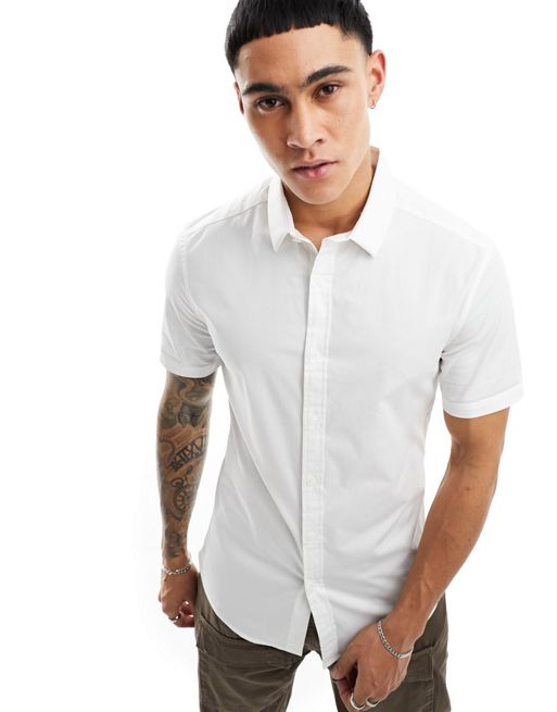 FhyzicsShops DESIGN - Skinny og kortærmet poplin-skjorte i hvid