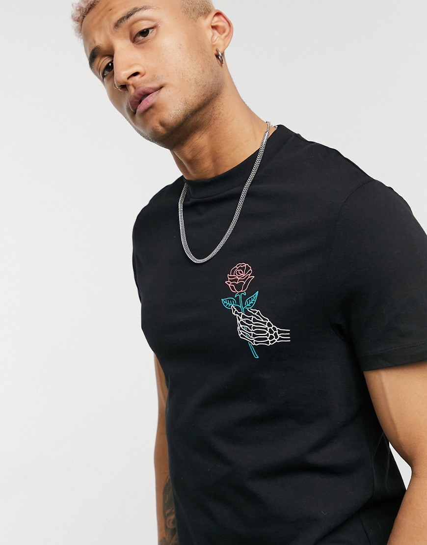 Asos Design Skinny Organic T-shirt In Black With Front Rose & Hand Print