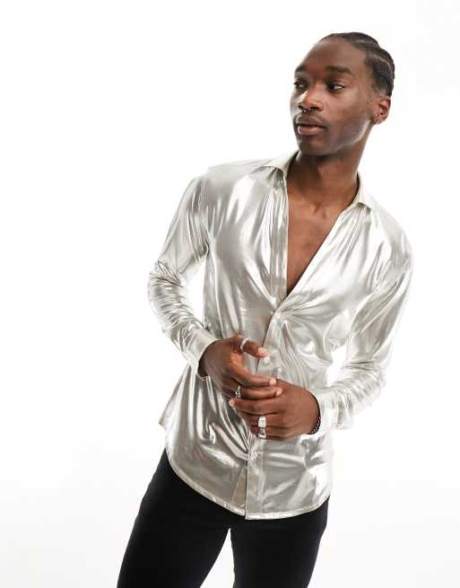 ASOS DESIGN - Skinny overhemd met stretch in metallic zilver