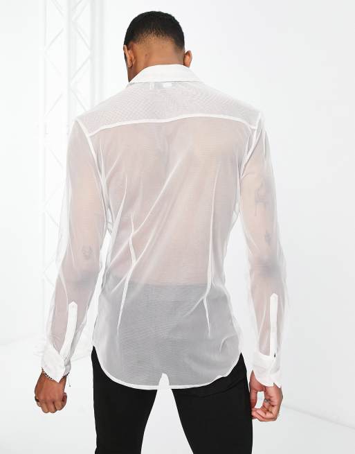 ASOS DESIGN - Skinny overhemd van mesh met borduursel in wit, 2 van 4