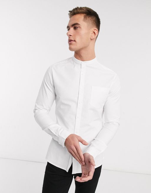 ASOS DESIGN skinny oxford shirt with grandad collar in white | ASOS