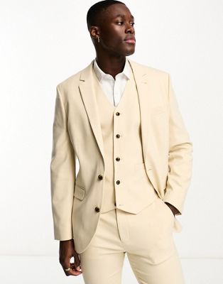 ASOS DESIGN skinny oxford suit jacket in sand-Neutral
