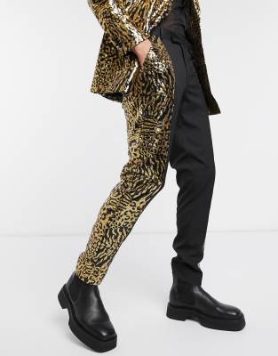 ASOS DESIGN skinny suit trousers in tiger sequin with black panelling-Gold Gold