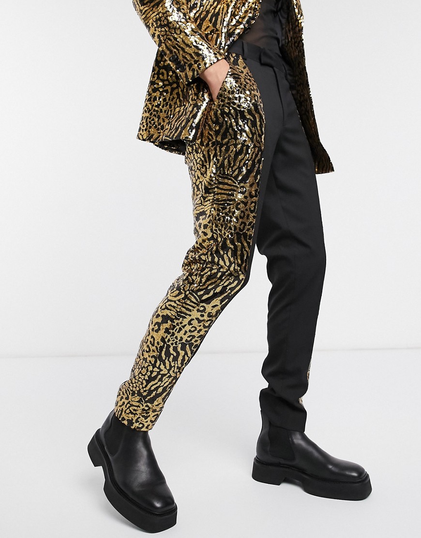 ASOS DESIGN - Skinny pantalon met lovertjes in tijgerpint en zwarte panelen-Goud