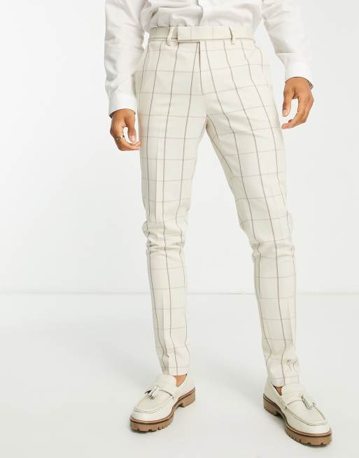 ASOS DESIGN - Skinny pantalon van linnenmix met rasterruiten in ecru en bruin 