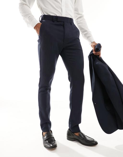 ASOS DESIGN - Skinny pantalon van wolmix met brede visgraattextuur in marineblauw