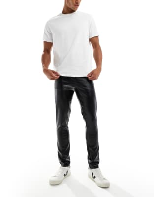 Asos Design Straight Leather Look Pants In Black With Front Zip Detail