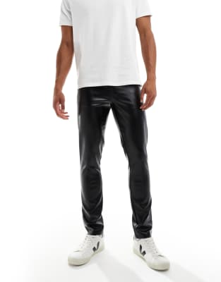 Asos Design Straight Leather Look Pants In Black With Front Zip Detail In Black