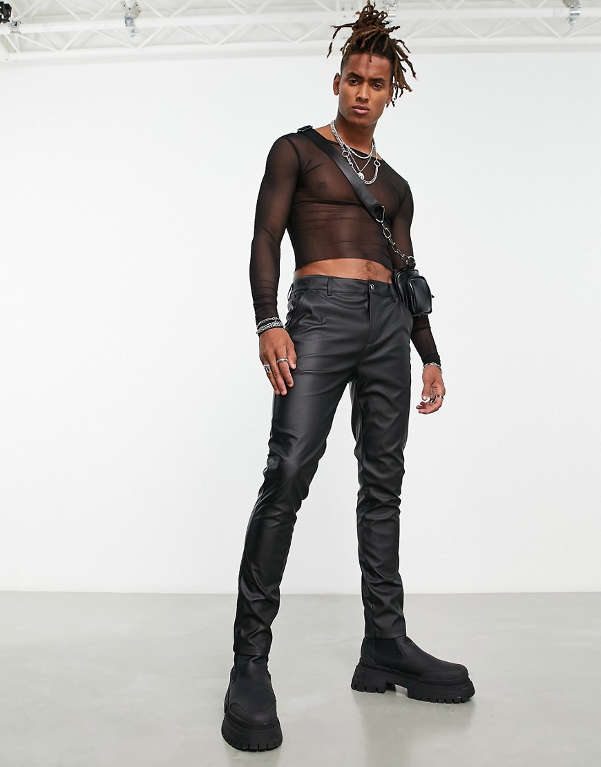 skinny pants in matte leather look-Black