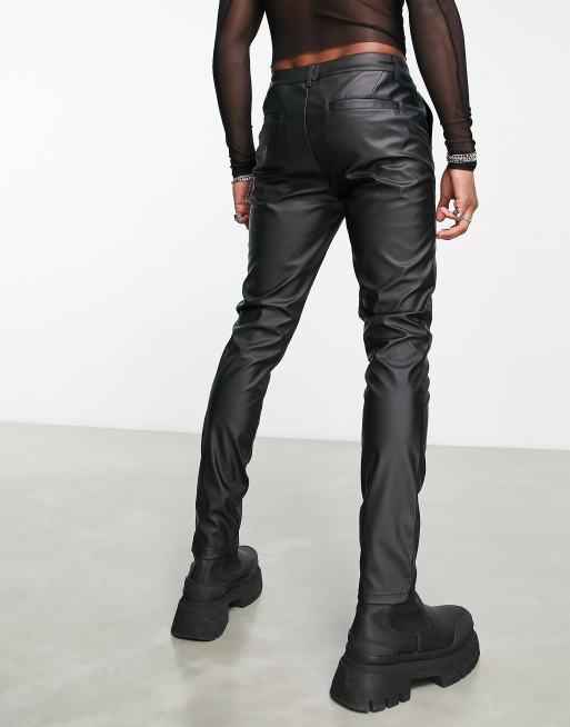 Mens Officewear Skinny Real Black Leather Pants Trousers