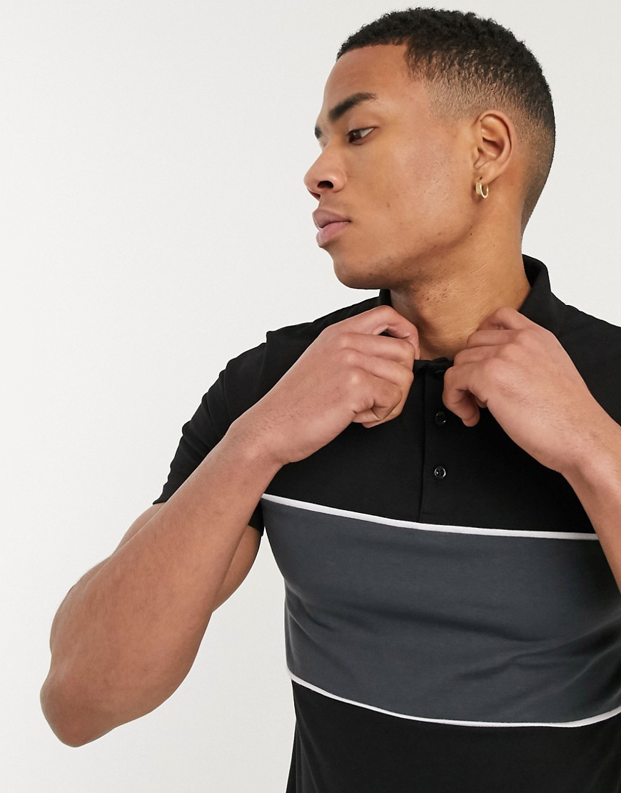 ASOS DESIGN skinny polo shirt with colour block in black