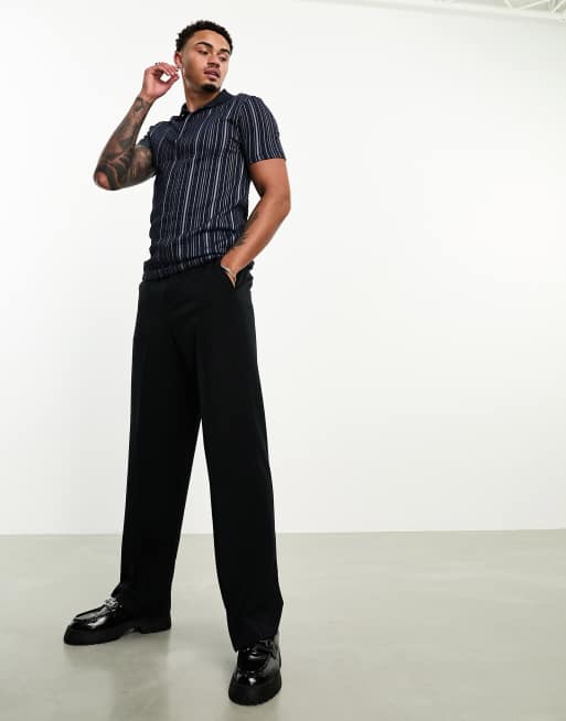 ASOS DESIGN - Skinny poloshirt in donkerblauw met gestreepte textuur