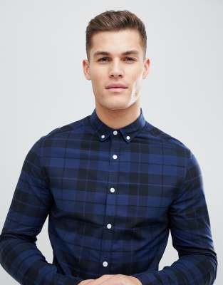 ASOS DESIGN skinny poplin check shirt in blue