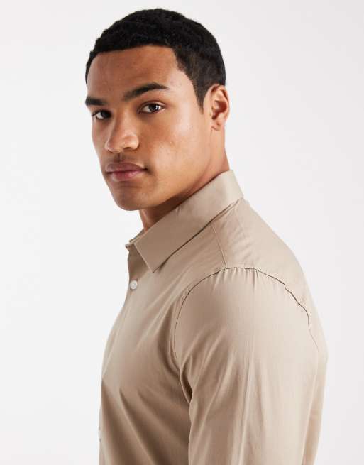 ASOS DESIGN skinny poplin shirt in beige, 4 of 5