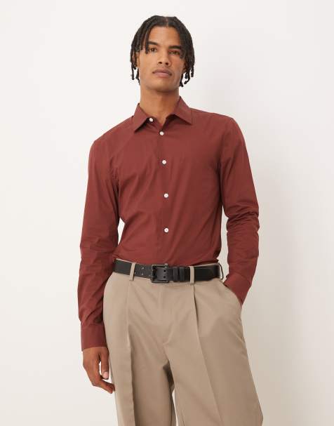 ASOS DESIGN skinny poplin shirt in burgundy - view 1