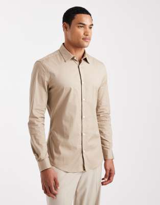Asos Design Skinny Poplin Shirt In Brown