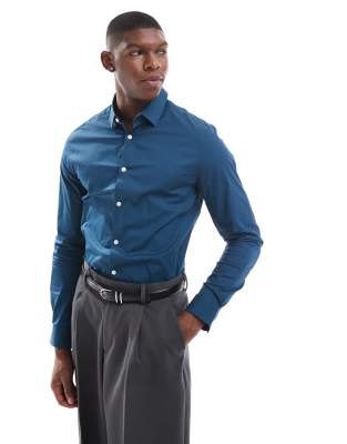 Asos Design Skinny Poplin Shirt In Navy