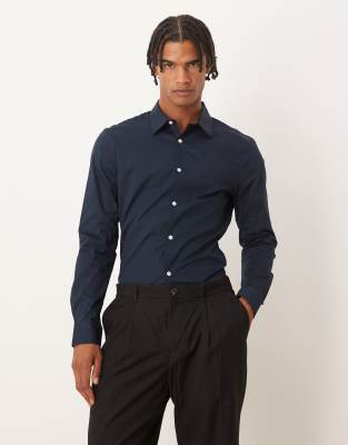 Asos Design Skinny Poplin Shirt In Blue