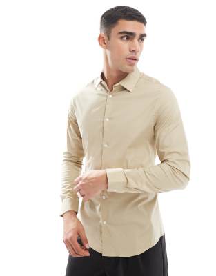 ASOS DESIGN skinny poplin shirt in stone-Neutral φωτογραφία