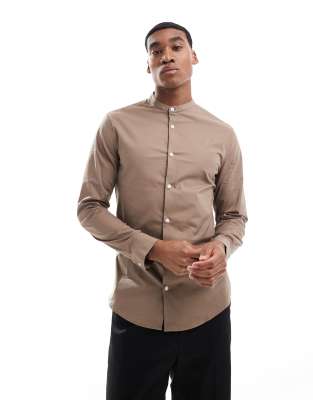 skinny poplin shirt with grandad collar in brown