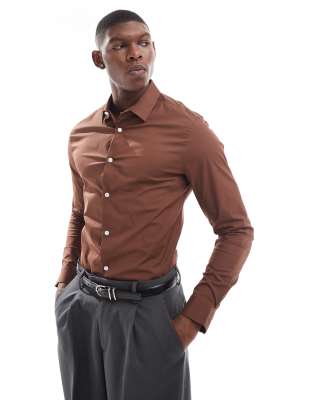 skinny poplin shirt with square collar in brown