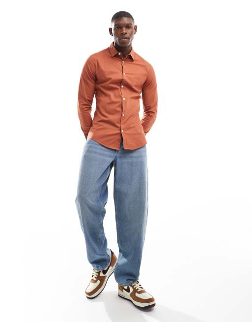  ASOS DESIGN skinny poplin shirt with square collar in tobacco, 3 of 4