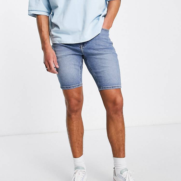 ASOS DESIGN skinny regular length shorts in mid wash blue | ASOS