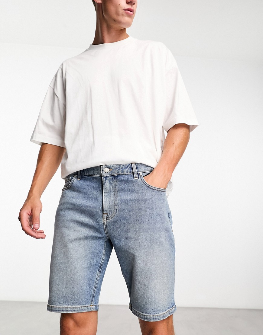 ASOS DESIGN skinny regular length denim shorts in mid wash blue
