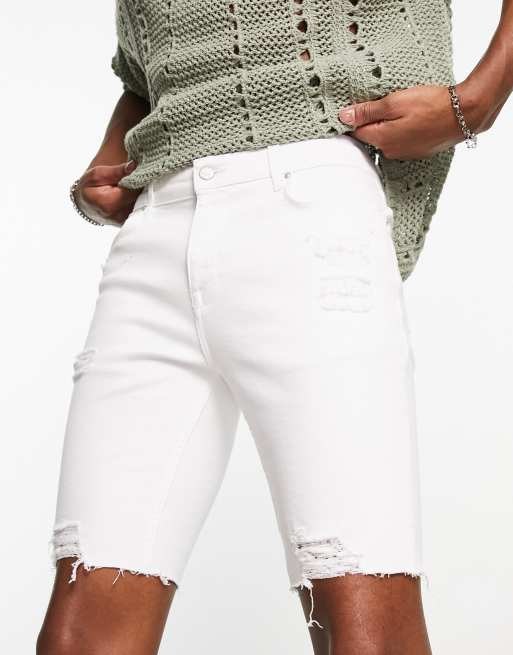 ASOS DESIGN skinny regular length denim shorts in white with rips