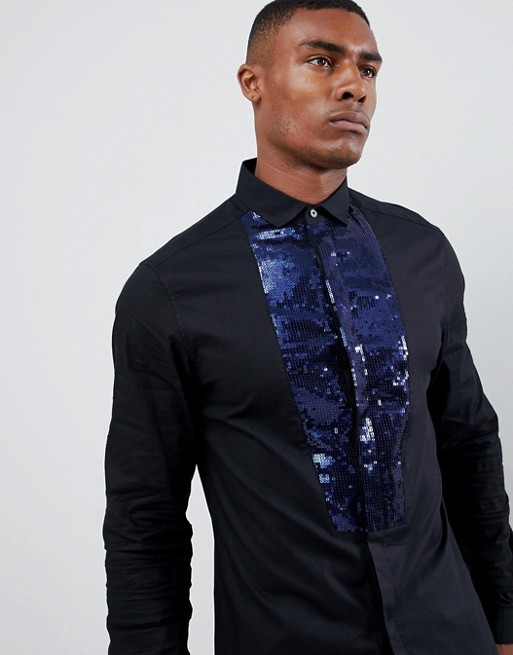 ASOS DESIGN skinny sateen shirt in black with navy sequin bib | ASOS