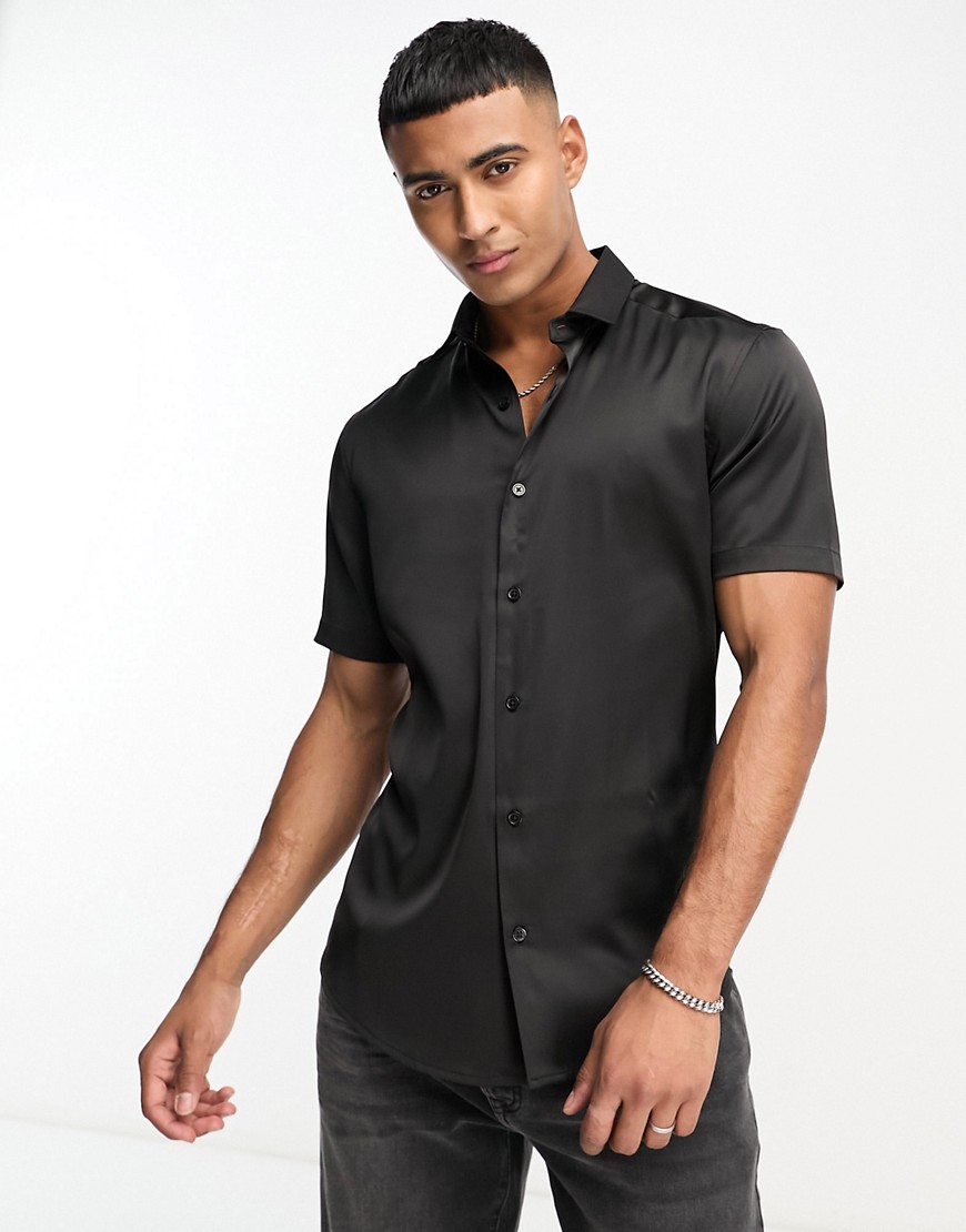 ASOS DESIGN skinny satin shirt in black