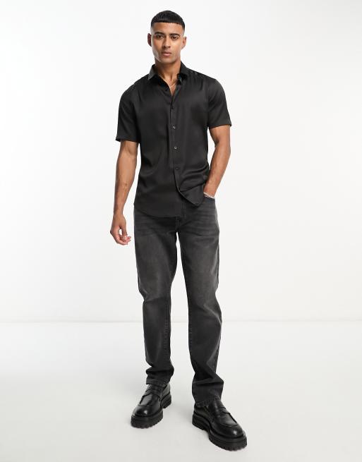 ASOS DESIGN skinny satin shirt in black, 2 of 4
