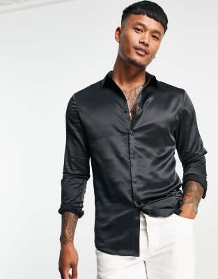 Asos Design Skinny Satin Shirt In Black