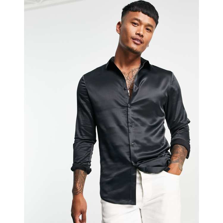 ASOS DESIGN skinny satin shirt in black | ASOS