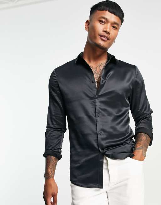 ASOS DESIGN skinny satin shirt in black | ASOS