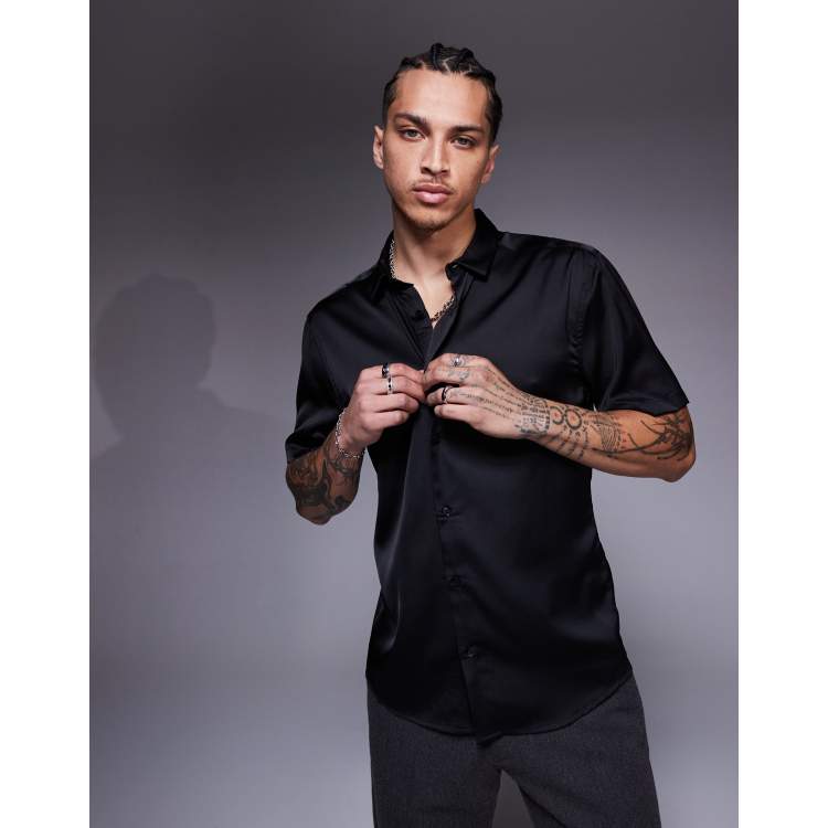 ASOS DESIGN skinny satin shirt in black