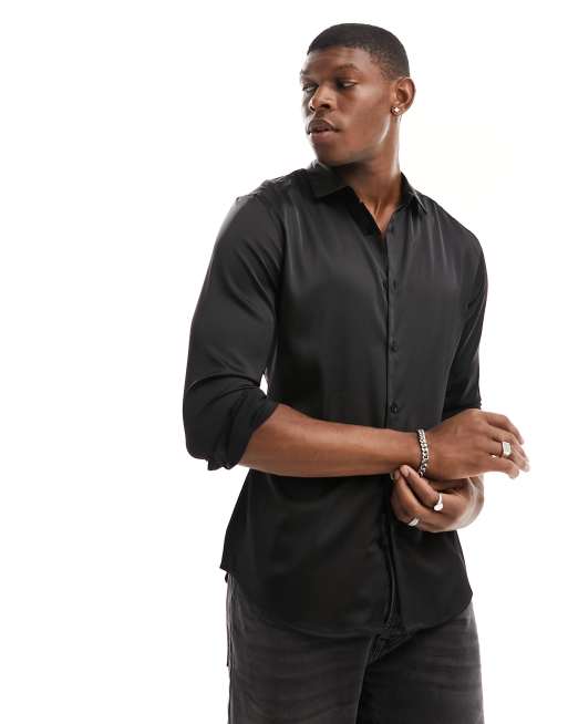  ASOS DESIGN skinny satin shirt in black