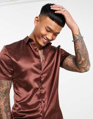 ASOS DESIGN skinny satin shirt in brown | ASOS