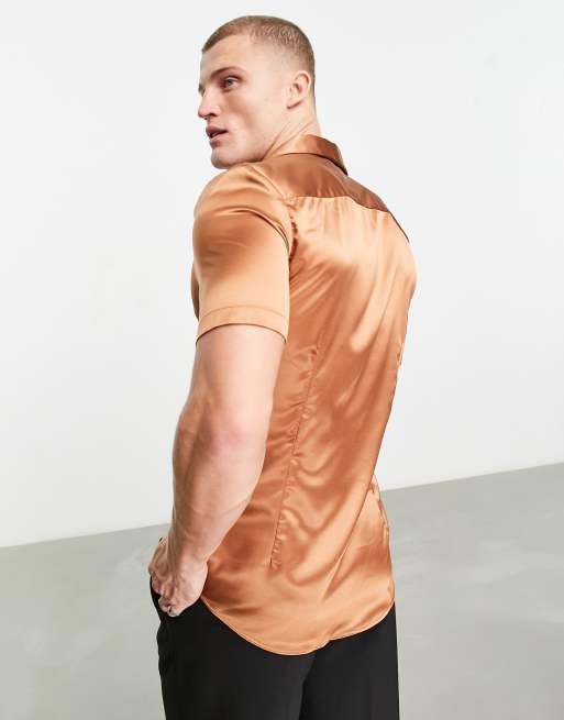 ASOS DESIGN regular deep revere satin shirt in copper