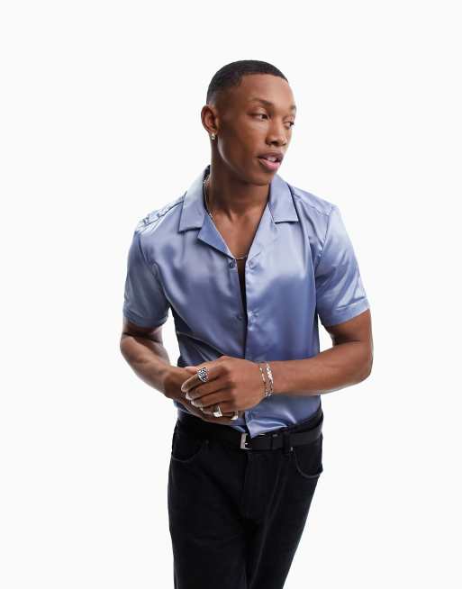 ASOS DESIGN skinny satin shirt in dusty blue