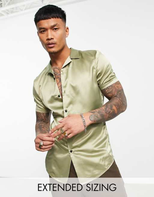 ASOS DESIGN skinny satin shirt in khaki