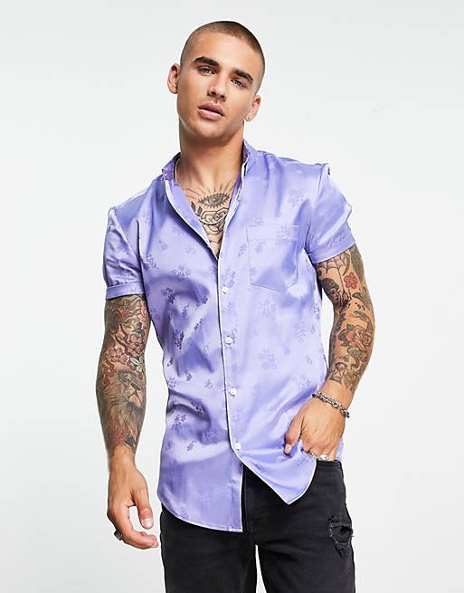 ASOS DESIGN skinny satin shirt in lilac floral jacquard | ASOS