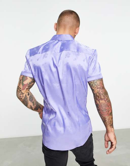 ASOS DESIGN skinny satin shirt in lilac floral jacquard, 2 of 4