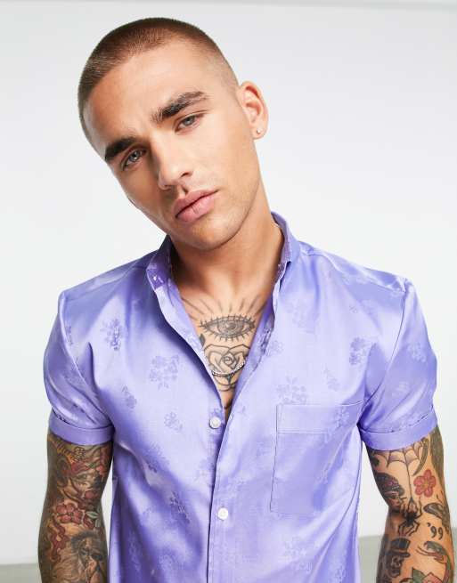 ASOS DESIGN skinny satin shirt in lilac floral jacquard, 3 of 4