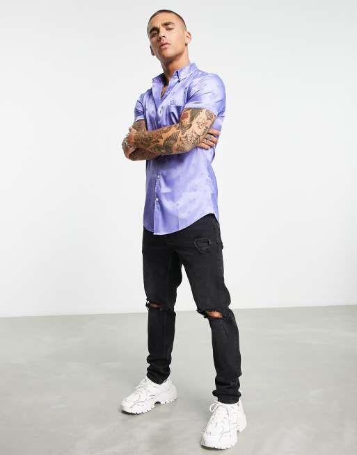 ASOS DESIGN skinny satin shirt in lilac floral jacquard, 4 of 4