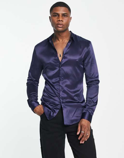 ASOS DESIGN skinny satin shirt in navy