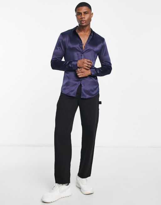 ASOS DESIGN skinny satin shirt in navy