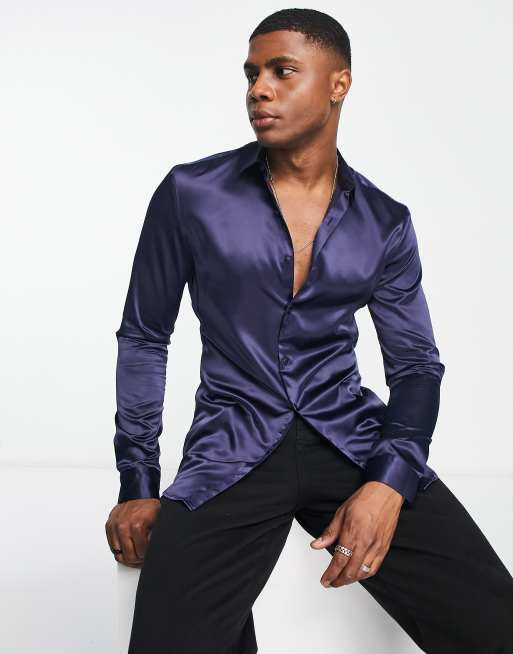 ASOS DESIGN skinny satin shirt in navy